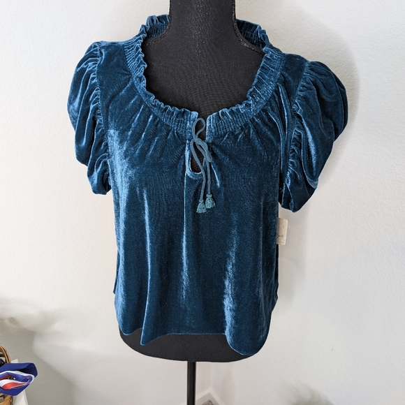 💘 𝅺Free People NWT Terese Velvet Smocked Top Turquoise Size S - Picture 4 of 10